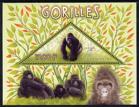 Congo 2014 Gorillals perf s/sheet containing one triangular-shaped value unmounted mint , stamps on shaped, stamps on triangular, stamps on animals, stamps on apes, stamps on primates, stamps on gorillas