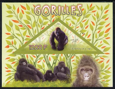 Congo 2014 Gorillals imperf s/sheet containing one triangular-shaped value unmounted mint , stamps on , stamps on  stamps on shaped, stamps on  stamps on triangular, stamps on  stamps on animals, stamps on  stamps on apes, stamps on  stamps on primates, stamps on  stamps on gorillas