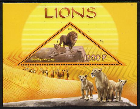 Congo 2014 Lions perf s/sheet containing one triangular-shaped value unmounted mint , stamps on shaped, stamps on triangular, stamps on animals, stamps on lions