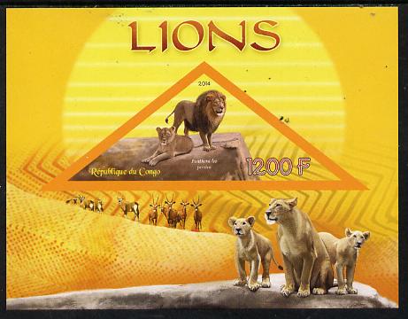 Congo 2014 Lions imperf s/sheet containing one triangular-shaped value unmounted mint , stamps on , stamps on  stamps on shaped, stamps on  stamps on triangular, stamps on  stamps on animals, stamps on  stamps on lions
