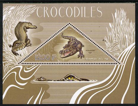 Congo 2014 Crocodiles perf s/sheet containing one triangular-shaped value unmounted mint , stamps on shaped, stamps on triangular, stamps on reptiles, stamps on crocodiles