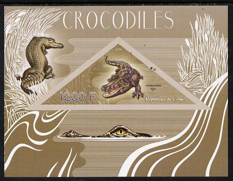 Congo 2014 Crocodiles imperf s/sheet containing one triangular-shaped value unmounted mint , stamps on shaped, stamps on triangular, stamps on reptiles, stamps on crocodiles
