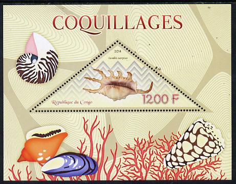 Congo 2014 Shells perf s/sheet containing one triangular-shaped value unmounted mint , stamps on shaped, stamps on triangular, stamps on shells, stamps on marine life