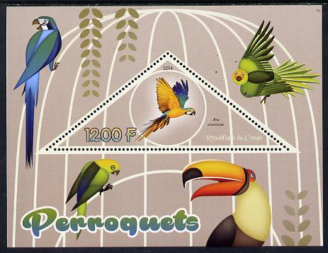 Congo 2014 Parrots perf s/sheet containing one triangular-shaped value unmounted mint , stamps on shaped, stamps on triangular, stamps on birds.parrots