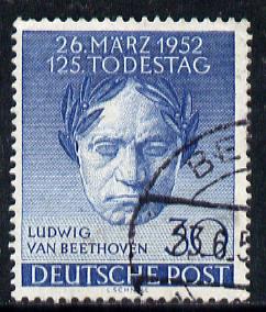 Germany - West Berlin 1952 125th Death Anniversary of Beethoven 30pf cds used, SG B87, stamps on personalities, stamps on beethoven, stamps on opera, stamps on music, stamps on composers, stamps on deaf, stamps on disabled, stamps on masonry, stamps on masonics