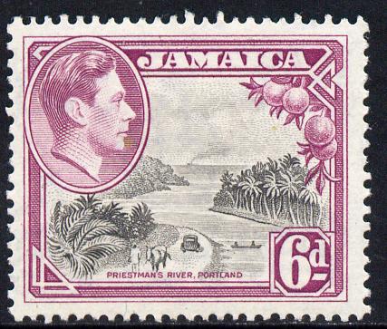 Jamaica 1938-52 KG6 Priestman's River 6d perf 13,.5 x 13.unmounted mint, SG 128a, stamps on , stamps on  kg6 , stamps on rivers