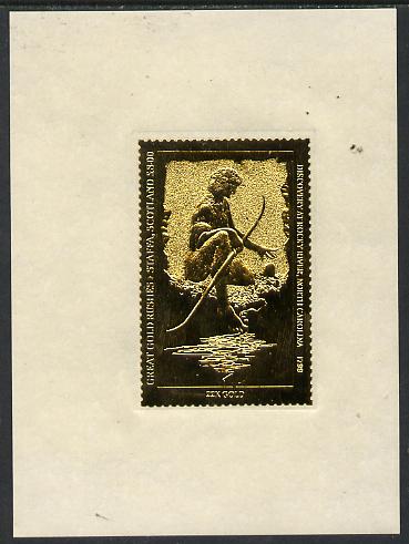 Staffa 1981 Great gold Rushes \A38 Discovery at Rock River embossed in 24k gold foil self-adhesive proof unmounted mint Rosen SF 1009, stamps on cinderellas, stamps on gold, stamps on mineral, stamps on selfadhesive