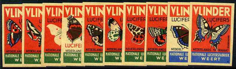 Match Box Labels - complete set of 10 Butterflies, superb unused condition (Dutch Vlinder series), stamps on butterflies