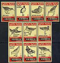 Match Box Labels - complete set of 10 Birds, superb unused condition (De Roeck of Belgium), stamps on birds