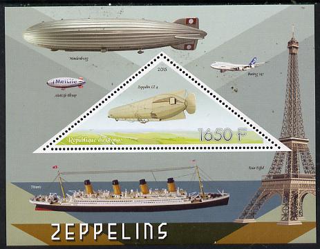 Congo 2015 Zeppelins perf deluxe sheet containing one triangular value unmounted mint, stamps on aviation.airships, stamps on zeppelins, stamps on shaped, stamps on triangulars, stamps on triangles
