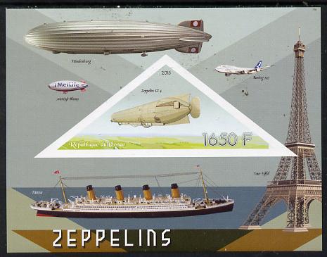 Congo 2015 Zeppelins imperf deluxe sheet containing one triangular value unmounted mint, stamps on aviation.airships, stamps on zeppelins, stamps on shaped, stamps on triangulars, stamps on triangles