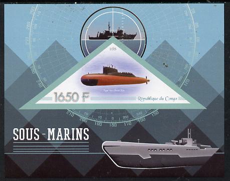 Congo 2015 Submarines imperf deluxe sheet containing one triangular value unmounted mint, stamps on ships, stamps on submarines, stamps on shaped, stamps on triangulars, stamps on triangles