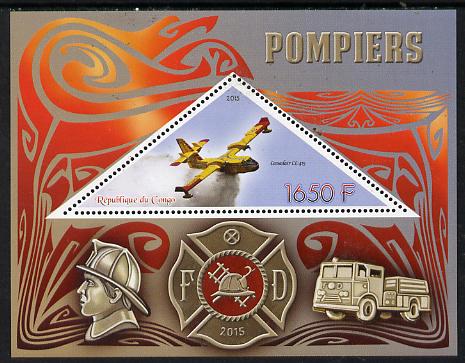 Congo 2015 Fire Services perf deluxe sheet containing one triangular value unmounted mint, stamps on aviation, stamps on fire, stamps on helicopters, stamps on ships, stamps on trucks, stamps on shaped, stamps on triangulars, stamps on triangles