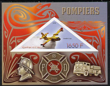 Congo 2015 Fire Services imperf deluxe sheet containing one triangular value unmounted mint, stamps on aviation, stamps on fire, stamps on helicopters, stamps on ships, stamps on trucks, stamps on shaped, stamps on triangulars, stamps on triangles