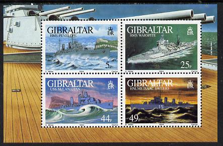 Gibraltar 1994 Warships of Second World War #2 perf m/sheet containing set of 4 unmounted mint, SG MS 724, stamps on ships, stamps on ww2, stamps on  ww2 , stamps on 