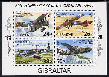 Gibraltar 1998 80th Anniversary of Royal Air Force perf m/sheet containing 4 values unmounted mint, SG MS 833, stamps on aviation, stamps on  raf , stamps on royal air force, stamps on 
