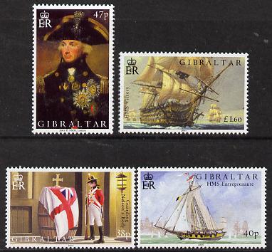 Gibraltar 2005 Bicentenary of the Battle of Trafalgar set of 4 unmounted mint, SG 1120-23, stamps on personalities, stamps on nelson, stamps on ships, stamps on battles