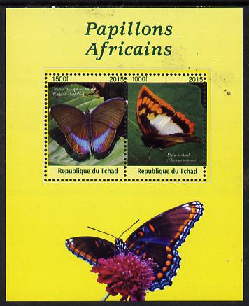 Chad 2015 African Butterflies #2 (yellow background) perf sheetlet containing 2 values unmounted mint. Note this item is privately produced and is offered purely on its t..., stamps on butterflies