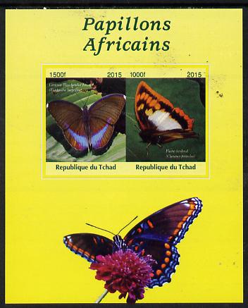 Chad 2015 African Butterflies #2 (yellow background) imperf sheetlet containing 2 values unmounted mint. Note this item is privately produced and is offered purely on its..., stamps on butterflies