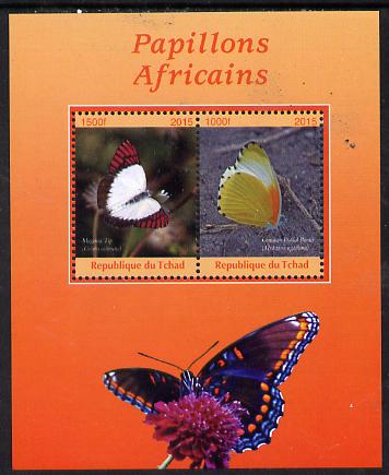 Chad 2015 African Butterflies #3 (orange background) imperf sheetlet containing 2 values unmounted mint. Note this item is privately produced and is offered purely on its..., stamps on butterflies