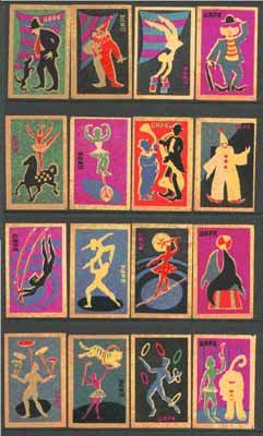 Match Box Labels - complete set of 16 Circus, superb unused condition (Russian), stamps on circus    entertainments