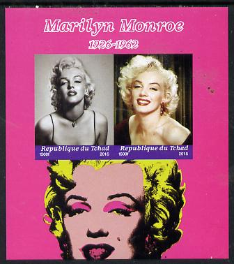 Chad 2015 Marilyn Monroe imperf sheetlet containing 2 values unmounted mint. Note this item is privately produced and is offered purely on its thematic appeal. . , stamps on personalities, stamps on films, stamps on cinema, stamps on movies, stamps on music, stamps on marilyn, stamps on monroe