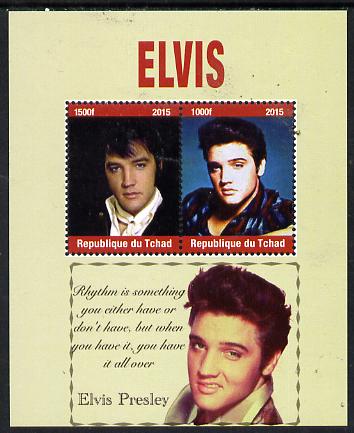 Chad 2015 Elvis Presley perf sheetlet containing 2 values unmounted mint. Note this item is privately produced and is offered purely on its thematic appeal. . , stamps on personalities, stamps on elvis, stamps on music, stamps on films, stamps on cinema, stamps on movies, stamps on pops, stamps on rock