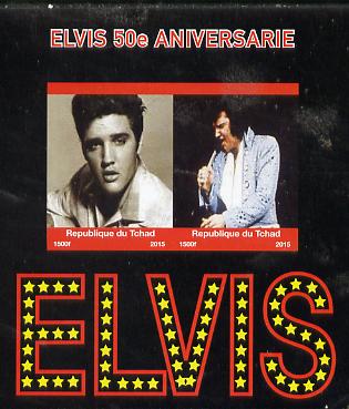 Chad 2015 Elvis 50th Death Anniversary imperf sheetlet containing 2 values unmounted mint. Note this item is privately produced and is offered purely on its thematic appeal. . , stamps on personalities, stamps on elvis, stamps on music, stamps on films, stamps on cinema, stamps on movies, stamps on pops, stamps on rock