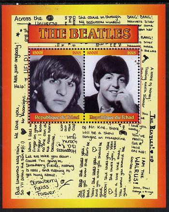 Chad 2015 The Beatles #1 perf sheetlet containing 2 values unmounted mint. Note this item is privately produced and is offered purely on its thematic appeal. . , stamps on , stamps on  stamps on personalities, stamps on  stamps on music, stamps on  stamps on pops, stamps on  stamps on rock, stamps on  stamps on beatles