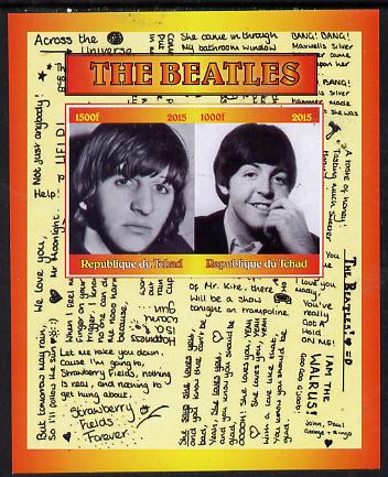 Chad 2015 The Beatles #1 imperf sheetlet containing 2 values unmounted mint. Note this item is privately produced and is offered purely on its thematic appeal. . , stamps on personalities, stamps on music, stamps on pops, stamps on rock, stamps on beatles