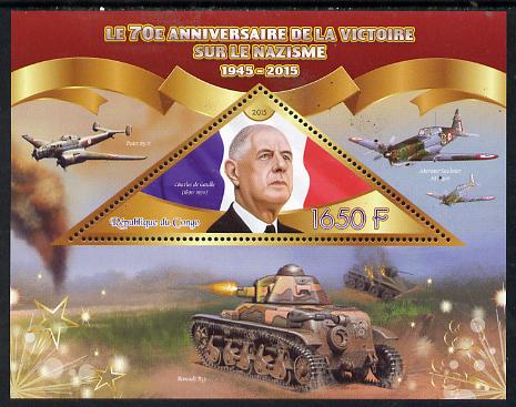 Congo 2015 70th Anniversary of Victory over the Nazis - Charles De Gaulle perf deluxe sheet containing one triangular value unmounted mint, stamps on personalities, stamps on  ww2 , stamps on de gaulle, stamps on flags, stamps on aviation, stamps on militaria, stamps on shaped, stamps on triangulars, stamps on triangle