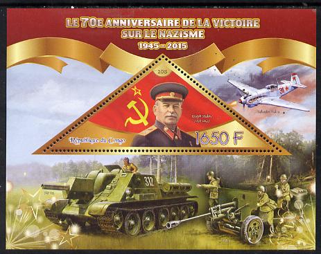 Congo 2015 70th Anniversary of Victory over the Nazis - Joseph Stalin perf deluxe sheet containing one triangular value unmounted mint, stamps on personalities, stamps on  ww2 , stamps on stalin, stamps on aviation, stamps on militaria, stamps on shaped, stamps on triangulars, stamps on triangle  , stamps on dictators.