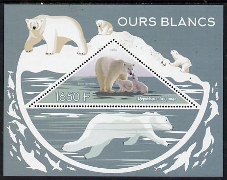Congo 2015 Polar Bears perf deluxe sheet containing one triangular value unmounted mint, stamps on , stamps on  stamps on animals, stamps on  stamps on bears, stamps on  stamps on polar, stamps on  stamps on shaped, stamps on  stamps on triangulars, stamps on  stamps on triangle