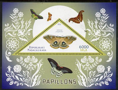 Madagascar 2015 Butterflies #3 perf deluxe sheet containing one triangular value unmounted mint, stamps on shaped, stamps on triangular, stamps on butterflies.