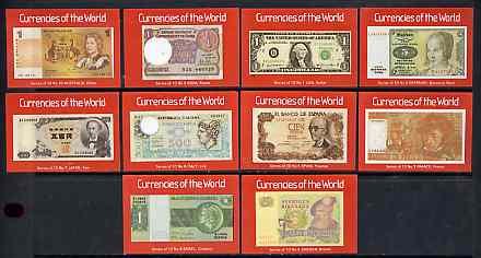 Match Box Labels - complete set of 10 Currencies of the World, superb unused condition (Cornish Match Co), stamps on currencies       coins