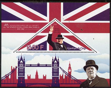 Congo 2015 50th Death Anniversary of Winston Churchill perf deluxe sheet containing one triangular stamp unmounted mint , stamps on personalities, stamps on churchill, stamps on constitutions, stamps on  ww2 , stamps on masonry, stamps on masonics, stamps on london, stamps on shaped, stamps on triangular