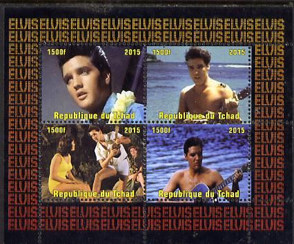 Chad 2015 Elvis Presley #7 perf sheetlet containing 4 values unmounted mint. Note this item is privately produced and is offered purely on its thematic appeal. . , stamps on personalities, stamps on elvis, stamps on music, stamps on films, stamps on cinema, stamps on movies, stamps on pops, stamps on rock