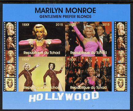 Chad 2015 Marilyn Monroe - Gentlemen Prefer Blondes imperf sheetlet containing 4 values unmounted mint. Note this item is privately produced and is offered purely on its thematic appeal. . , stamps on personalities, stamps on films, stamps on cinema, stamps on movies, stamps on music, stamps on marilyn, stamps on monroe