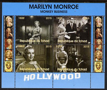 Chad 2015 Marilyn Monroe - Monkey Business perf sheetlet containing 4 values unmounted mint. Note this item is privately produced and is offered purely on its thematic ap..., stamps on personalities, stamps on films, stamps on cinema, stamps on movies, stamps on music, stamps on marilyn, stamps on monroe