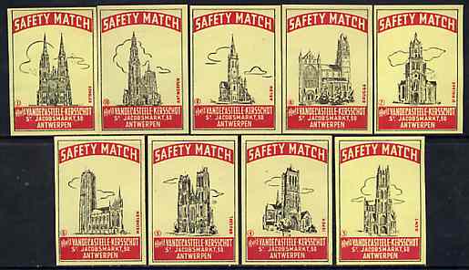 Match Box Labels - complete set of 10 Belgian Cathedrals, superb unused condition (Belgian), stamps on cathedrals
