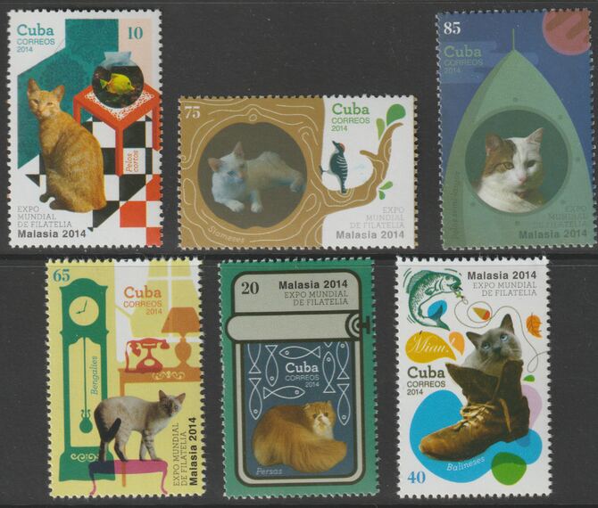 Cuba 2014 Domestic Cats - Mexico EXPO perf set of 6 unmounted mint, stamps on cats, stamps on expo, stamps on stampex