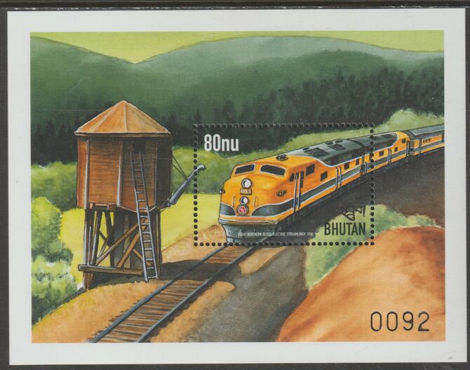 Bhutan 1999 Trains 80n perf m/sheet (Great Northern Diesel  Electric USA) unmounted mint, SG MS 1328b, stamps on railways
