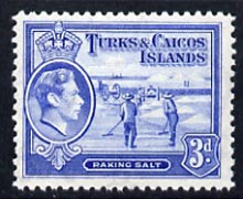 Turks & Caicos Islands 1938 KG6 Raking Salt 3d bright blue unmounted mint, SG 200*, stamps on salt, stamps on herbs, stamps on spices, stamps on food, stamps on , stamps on  kg6 , stamps on , stamps on minerals