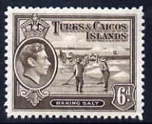 Turks & Caicos Islands 1938 KG6 Raking Salt 6d sepia unmounted mint, SG 201a*, stamps on salt, stamps on herbs, stamps on spices, stamps on food, stamps on , stamps on  kg6 , stamps on , stamps on minerals