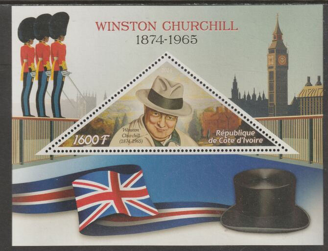 Ivory Coast 2016  Churchill Commemoration perf deluxe sheet containing one triangular value unmounted mint, stamps on , stamps on  stamps on triangular, stamps on  stamps on shaped, stamps on  stamps on personalities, stamps on  stamps on churchill, stamps on  stamps on militaria, stamps on  stamps on london, stamps on  stamps on constitutions, stamps on  stamps on clocks