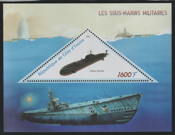 Ivory Coast 2016 Submarines perf deluxe sheet containing one triangular value unmounted mint, stamps on triangular, stamps on shaped, stamps on ships, stamps on submarines
