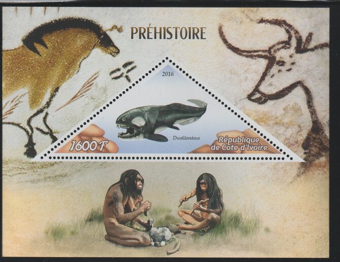 Ivory Coast 2016 Prehistoric perf deluxe sheet containing one triangular value unmounted mint, stamps on triangular, stamps on shaped, stamps on dinosaurs