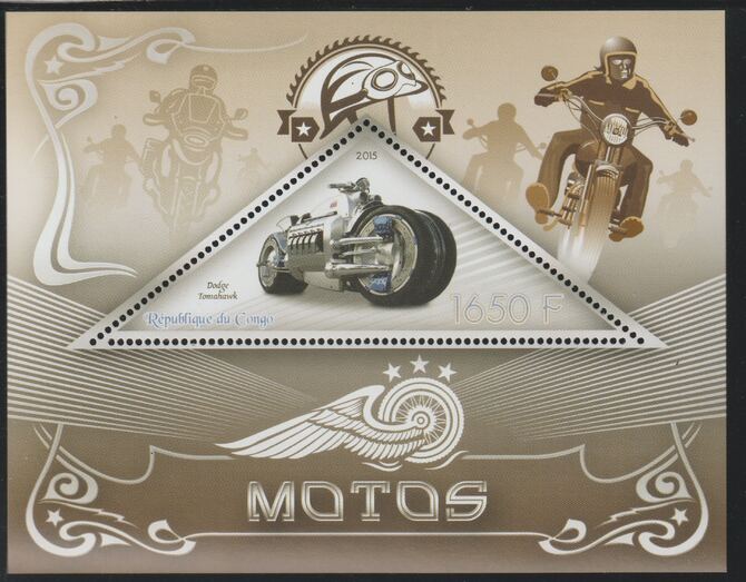Congo 2015 Motors perf deluxe sheet containing one triangular value unmounted mint, stamps on triangular, stamps on shaped, stamps on cars, stamps on motorbikes