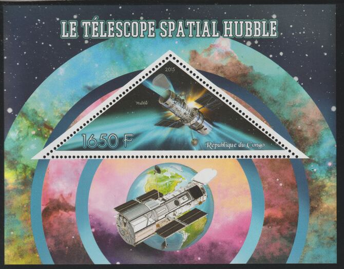 Congo 2015 Hubble Space Telescope perf deluxe sheet containing one triangular value unmounted mint, stamps on , stamps on  stamps on triangular, stamps on  stamps on shaped, stamps on  stamps on space, stamps on  stamps on hubble, stamps on  stamps on telescopes