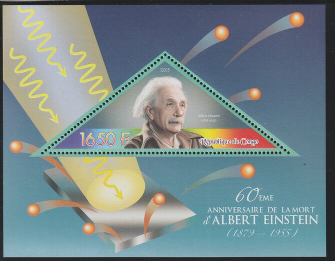 Congo 2015 Albert Einstein 60th Death Anniversary perf deluxe sheet containing one triangular value unmounted mint, stamps on triangular, stamps on shaped, stamps on personalities, stamps on einstein, stamps on nobel, stamps on science, stamps on physics